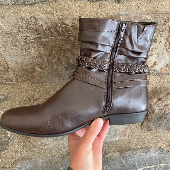 Dark Brown Braided Pleather Booties w/ Buckle (9) - Picture 2 of 6